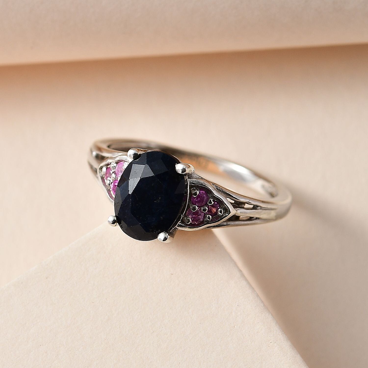 Midnight Sapphire and Madagascar Pink Sapphire Ring in Platinum Over Sterling Silver (Size 5.0) 2.10 ctw