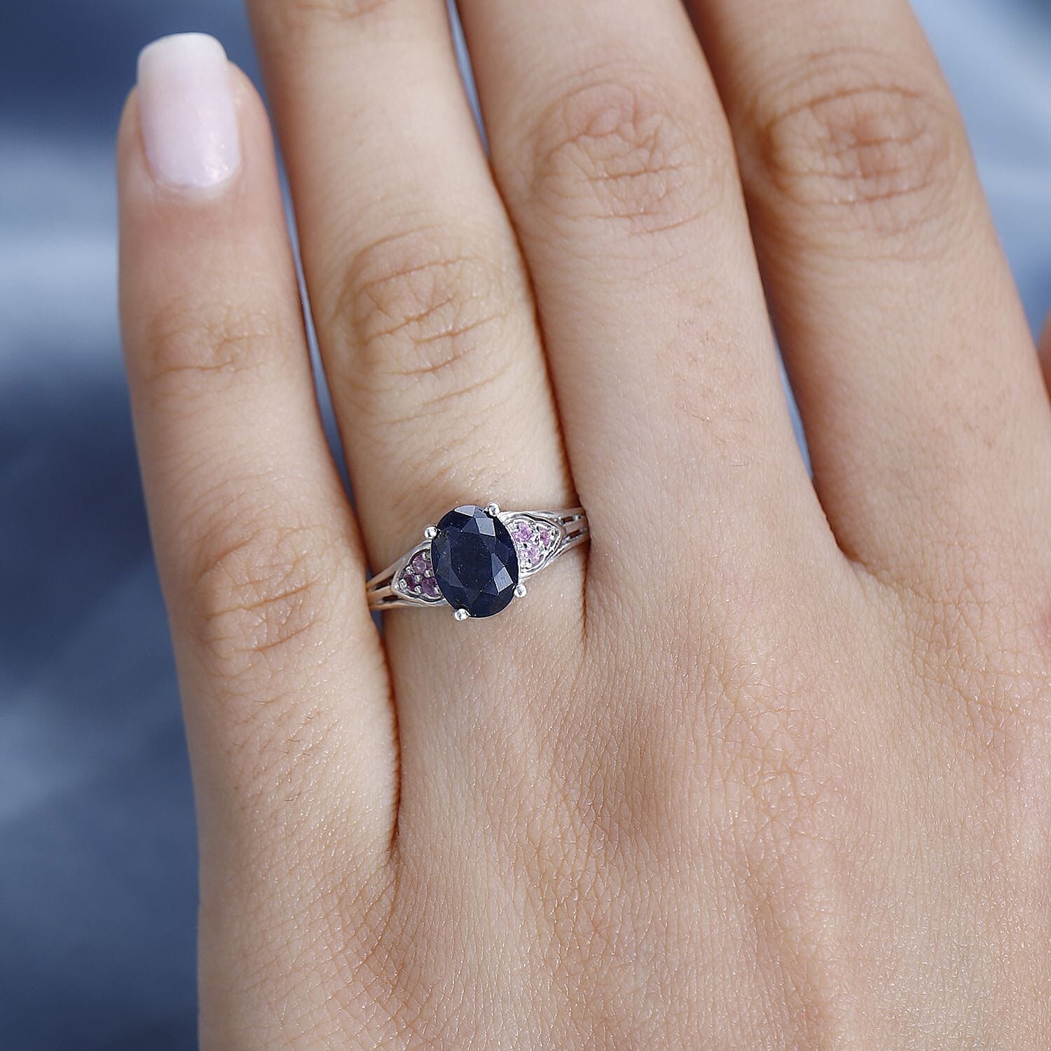 Midnight Sapphire and Madagascar Pink Sapphire Ring in Platinum Over Sterling Silver (Size 5.0) 2.10 ctw