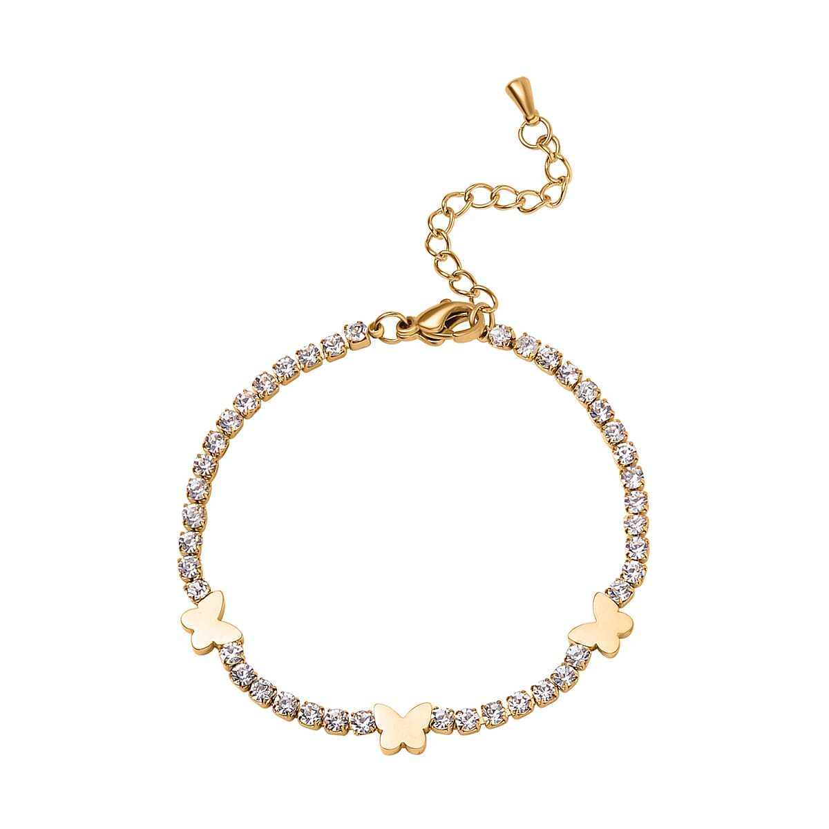 Simulated Diamond Butterfly Bracelet in ION Plated YG Stainless Steel (6.00-7.50In) image number 0