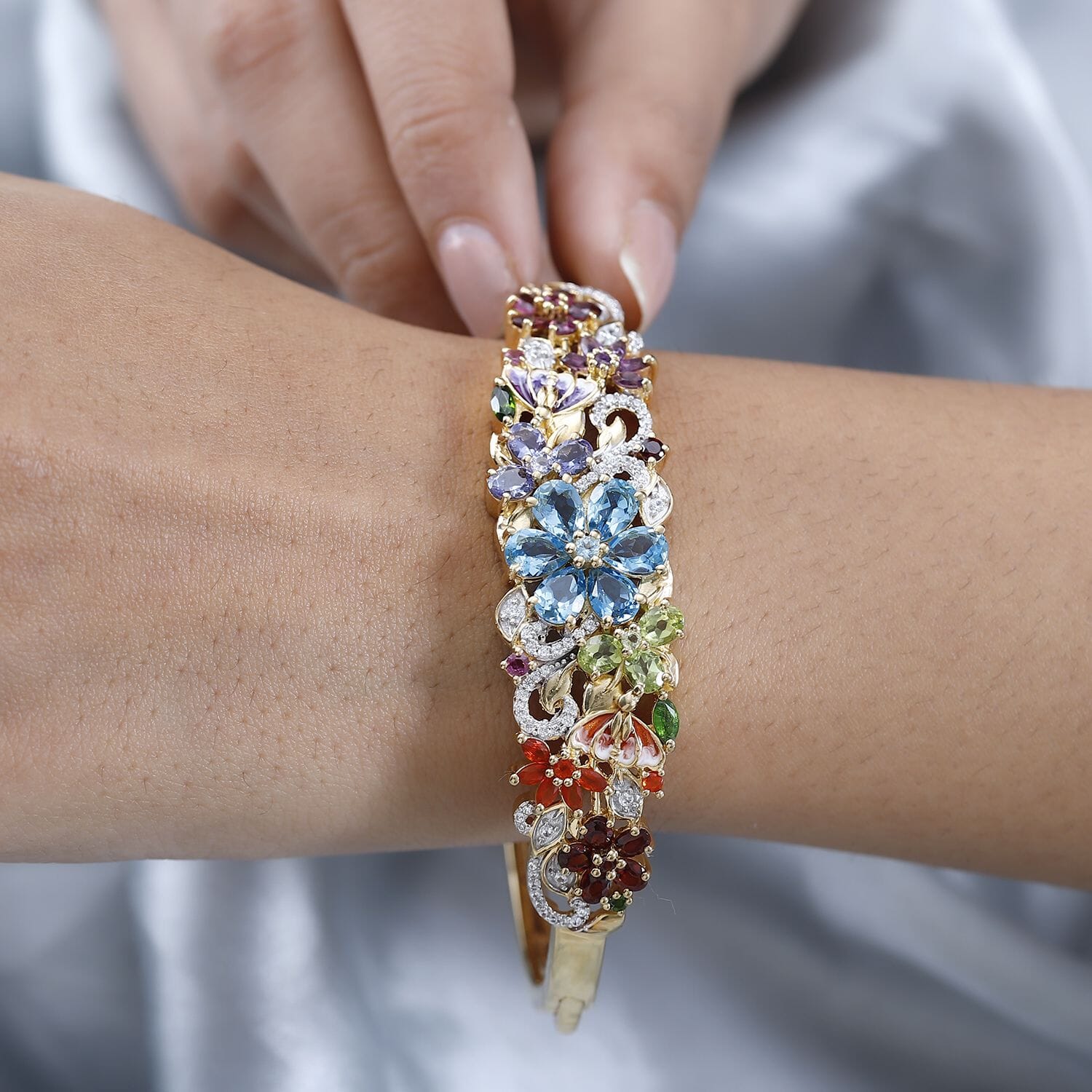 Buy Multi Gemstone Floral Bangle Bracelet in Vermeil Yellow