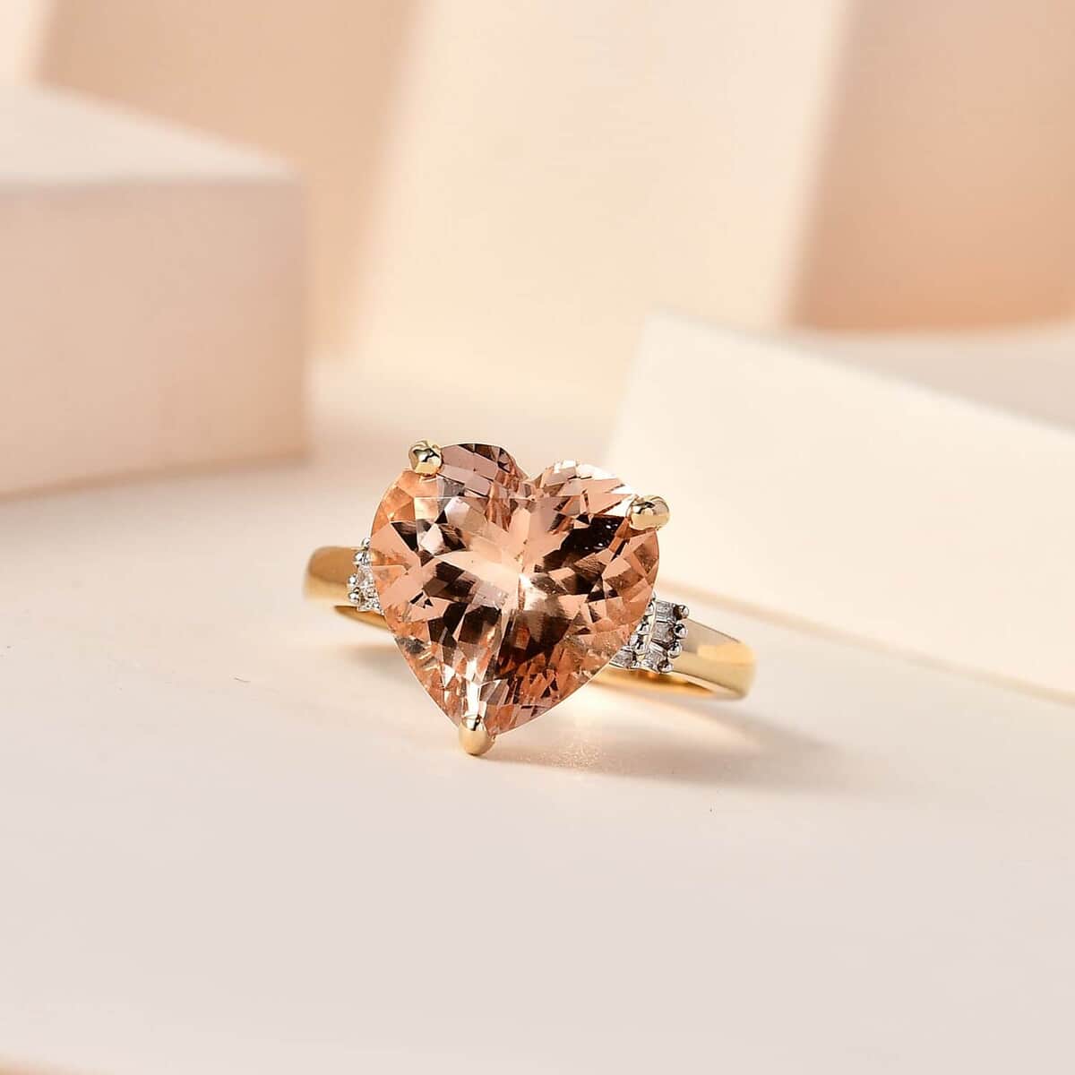 Luxoro 14K Yellow Gold AAA Marropino Morganite and G-H I1 Diamond Heart Ring (Size 10.0) 5.60 ctw image number 1