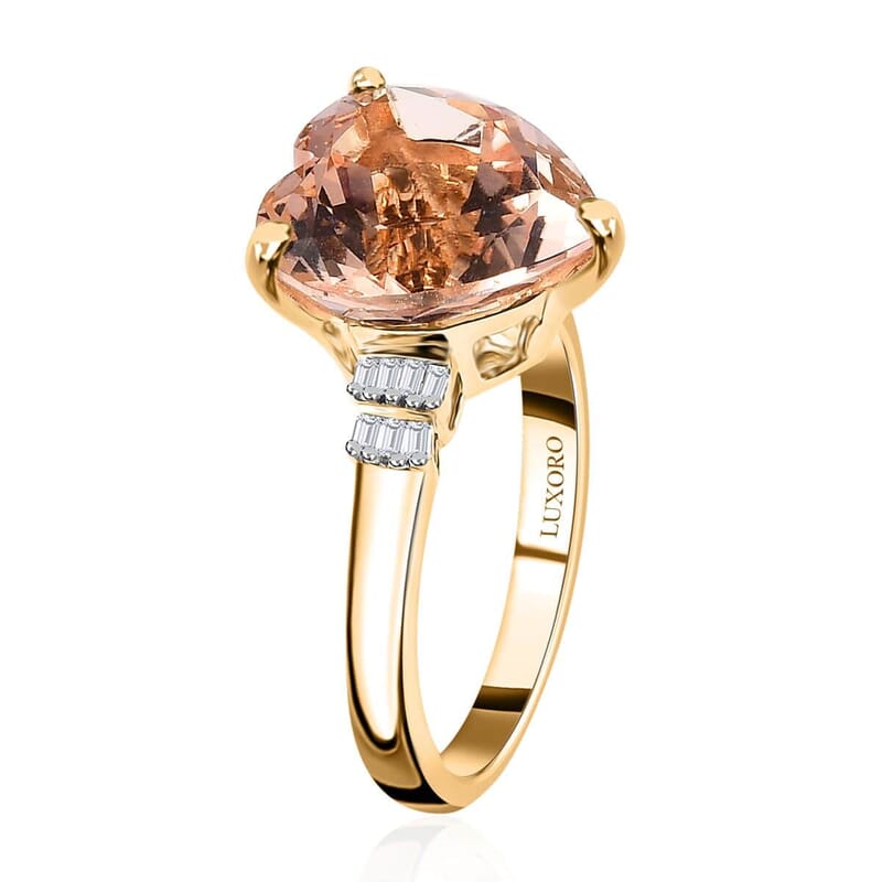 Luxoro 14K Yellow Gold AAA Marropino Morganite and G-H I1 Diamond Heart Ring (Size 10.0) 5.25 ctw