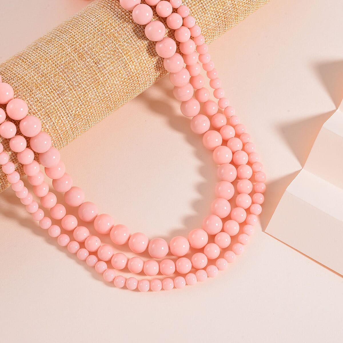 Peach Color Shell Pearl 3 Row Necklace 18-20 Inches in Stainless Steel image number 1