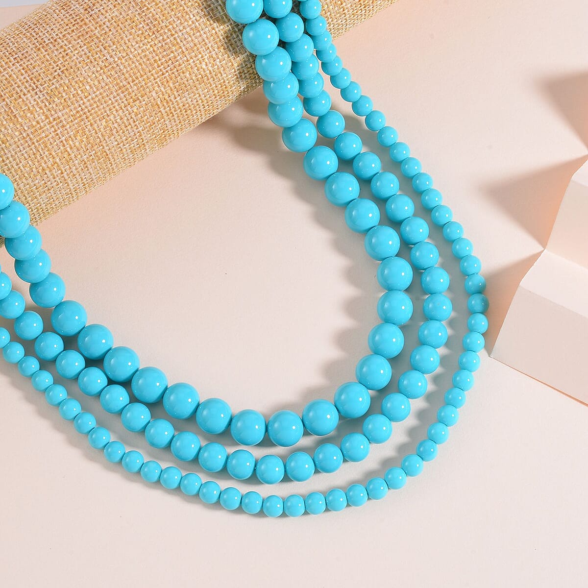 Sleeping Beauty Color Shell Pearl 3 Row Necklace 18-20 Inches in Stainless Steel image number 1