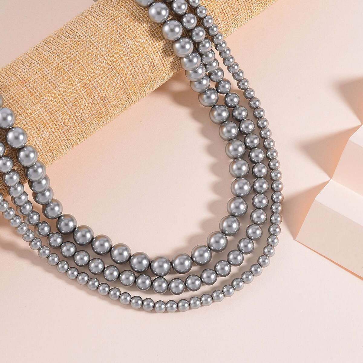 Grey Shell Pearl 3 Row Necklace 18-20 Inches in Stainless Steel image number 1
