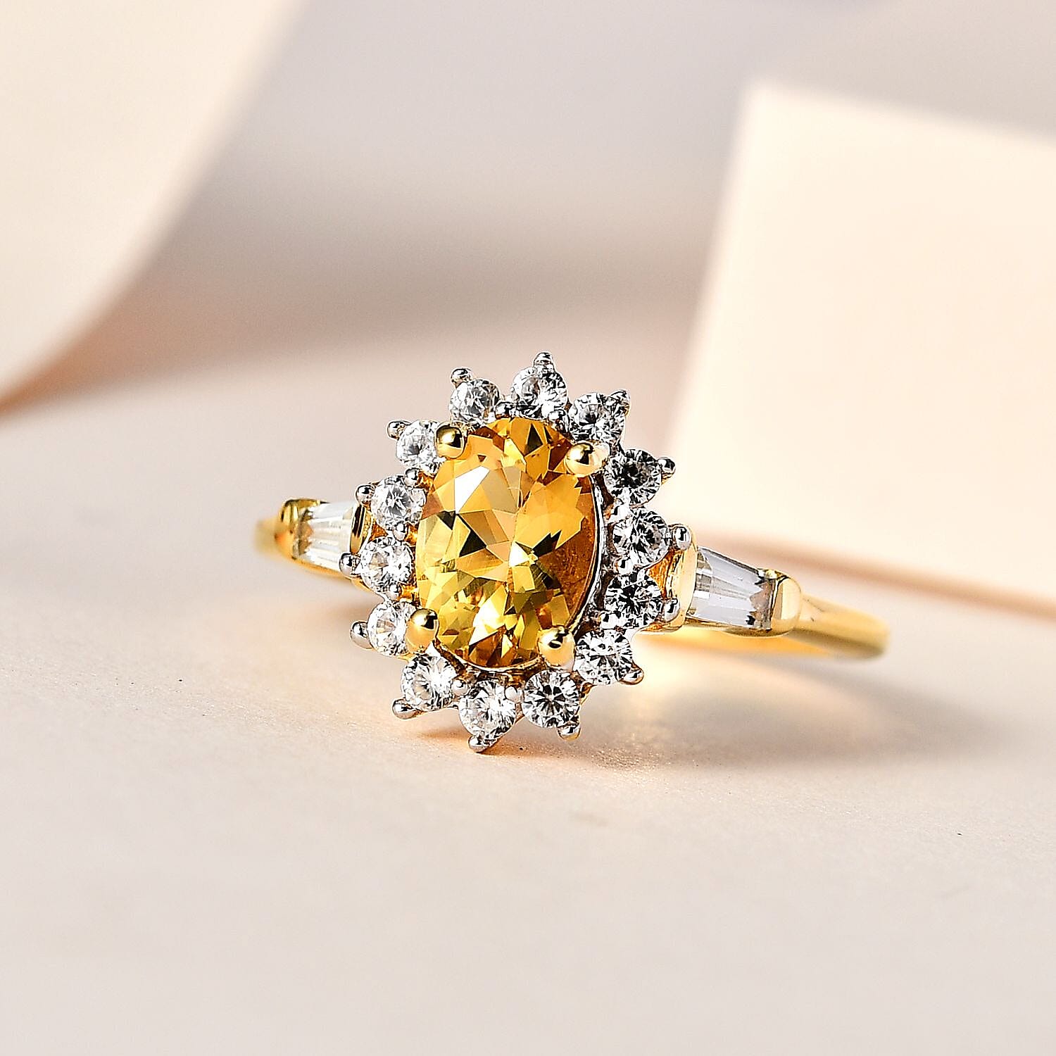 Premium Brazilian Heliodor and White Zircon Sunburst Ring in Vermeil Yellow Gold Over Sterling Silver (Size 10.0) 1.25 ctw
