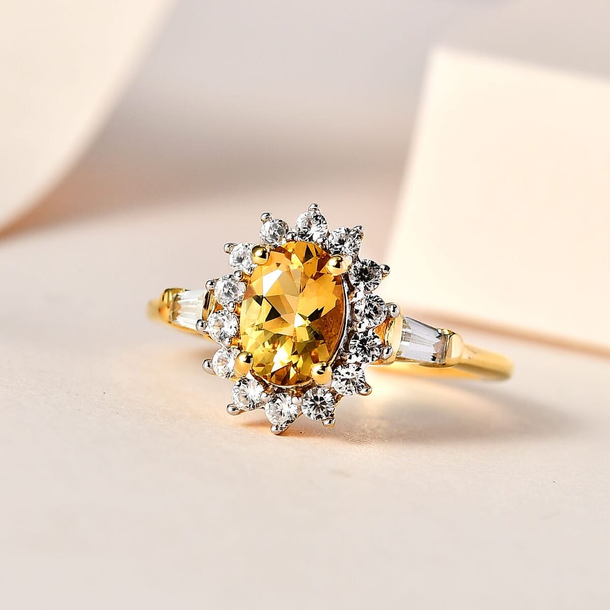 Premium Brazilian Heliodor, White Zircon Sunburst Ring in Vermeil YG Over Sterling Silver (Size 6.0) 1.25 ctw image number 1