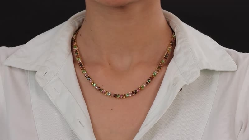 Multi-Tourmaline Tennis Necklace 18 Inches in Vermeil Yellow Gold Over Sterling Silver 29.85 ctw