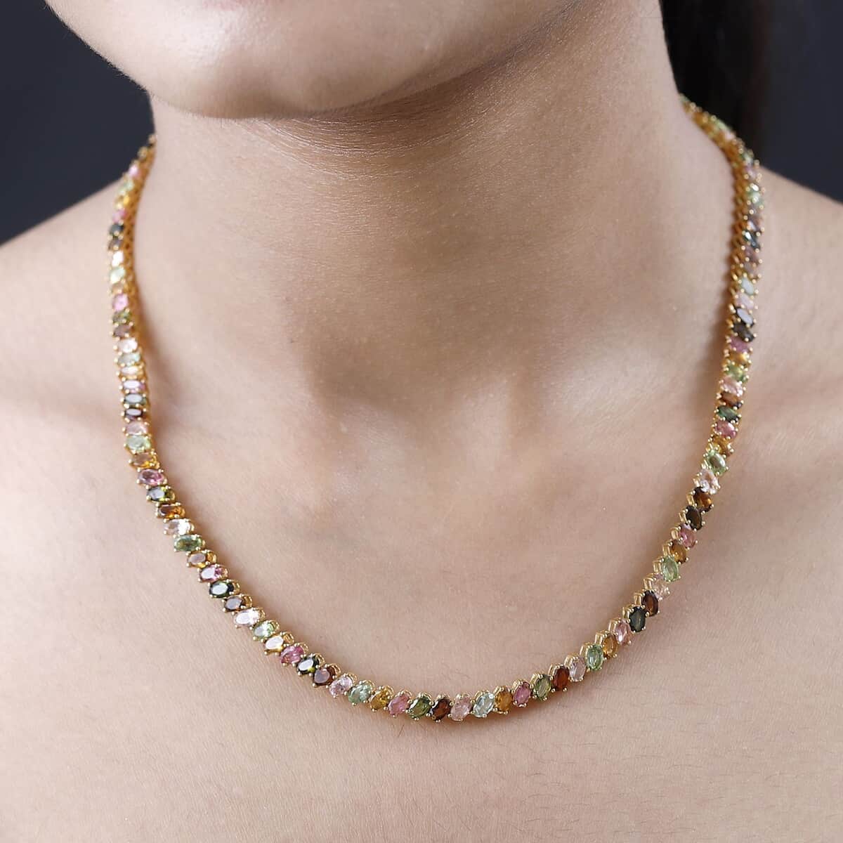 Multi-Tourmaline Tennis Necklace 18 Inches in Vermeil Yellow Gold Over Sterling Silver 29.85 ctw image number 2