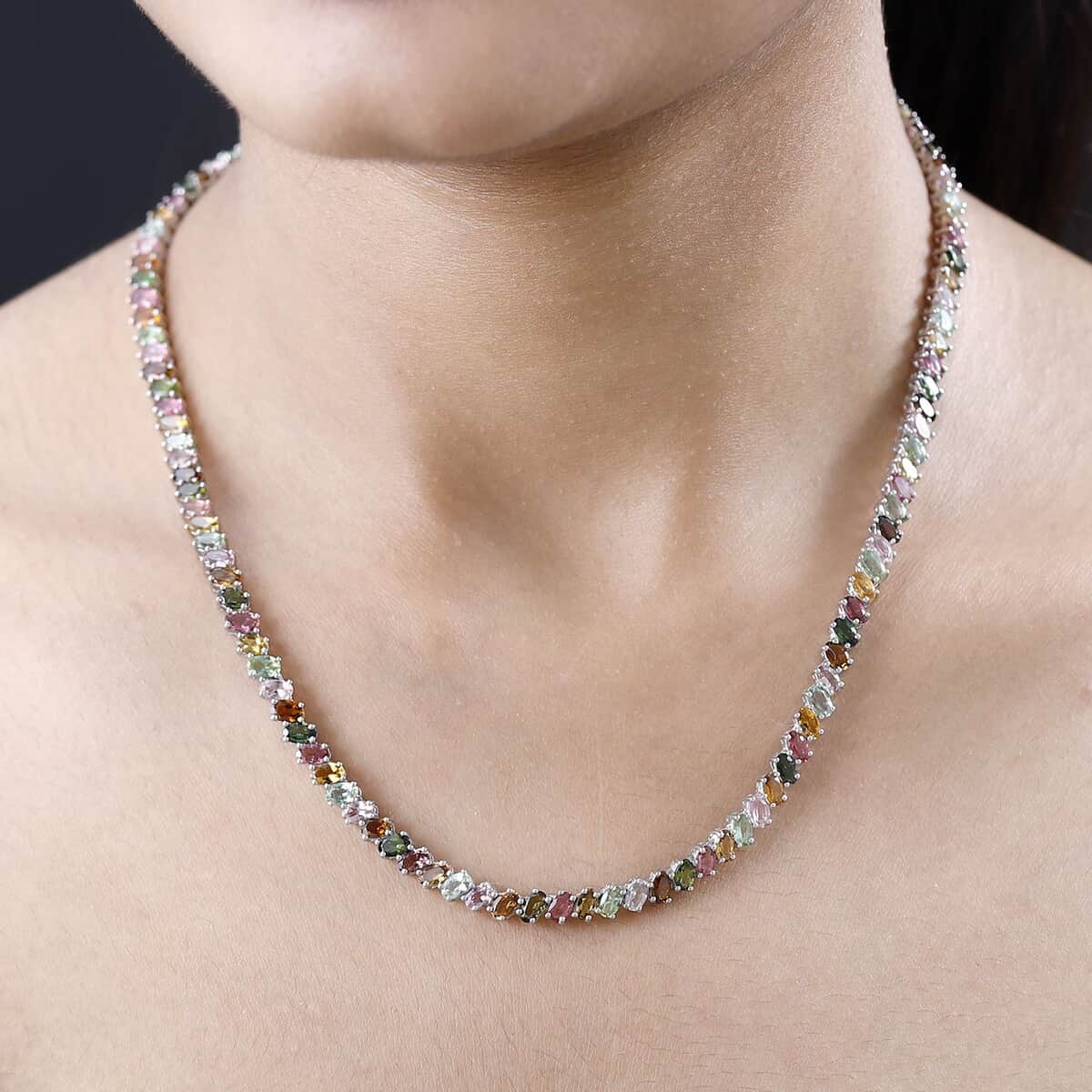 Multi-Tourmaline Tennis Necklace 18 Inches in Platinum Over Sterling Silver 29.85 ctw image number 2