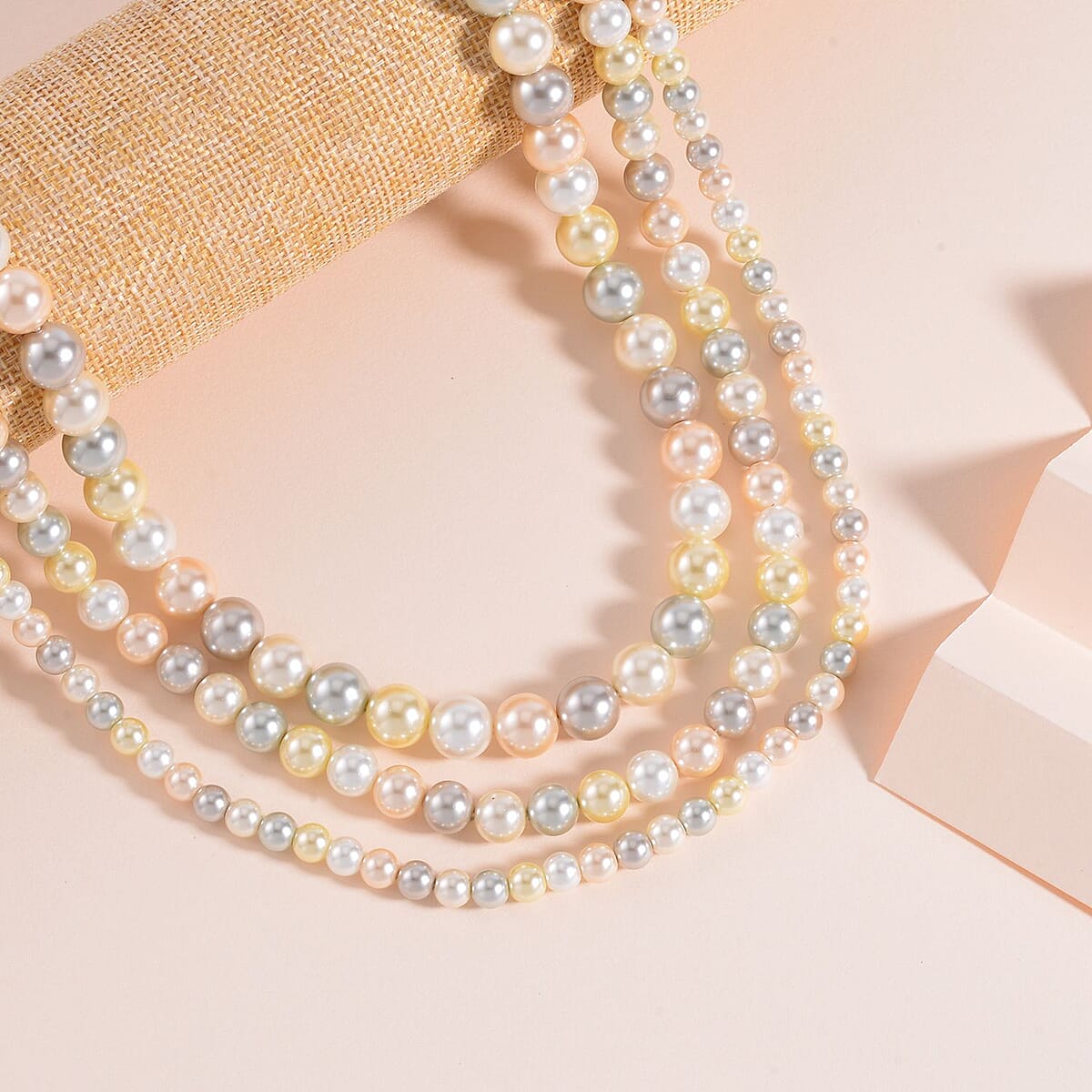 Multi Color Shell Pearl 3 Row Necklace 18-20 Inches in Stainless Steel image number 1