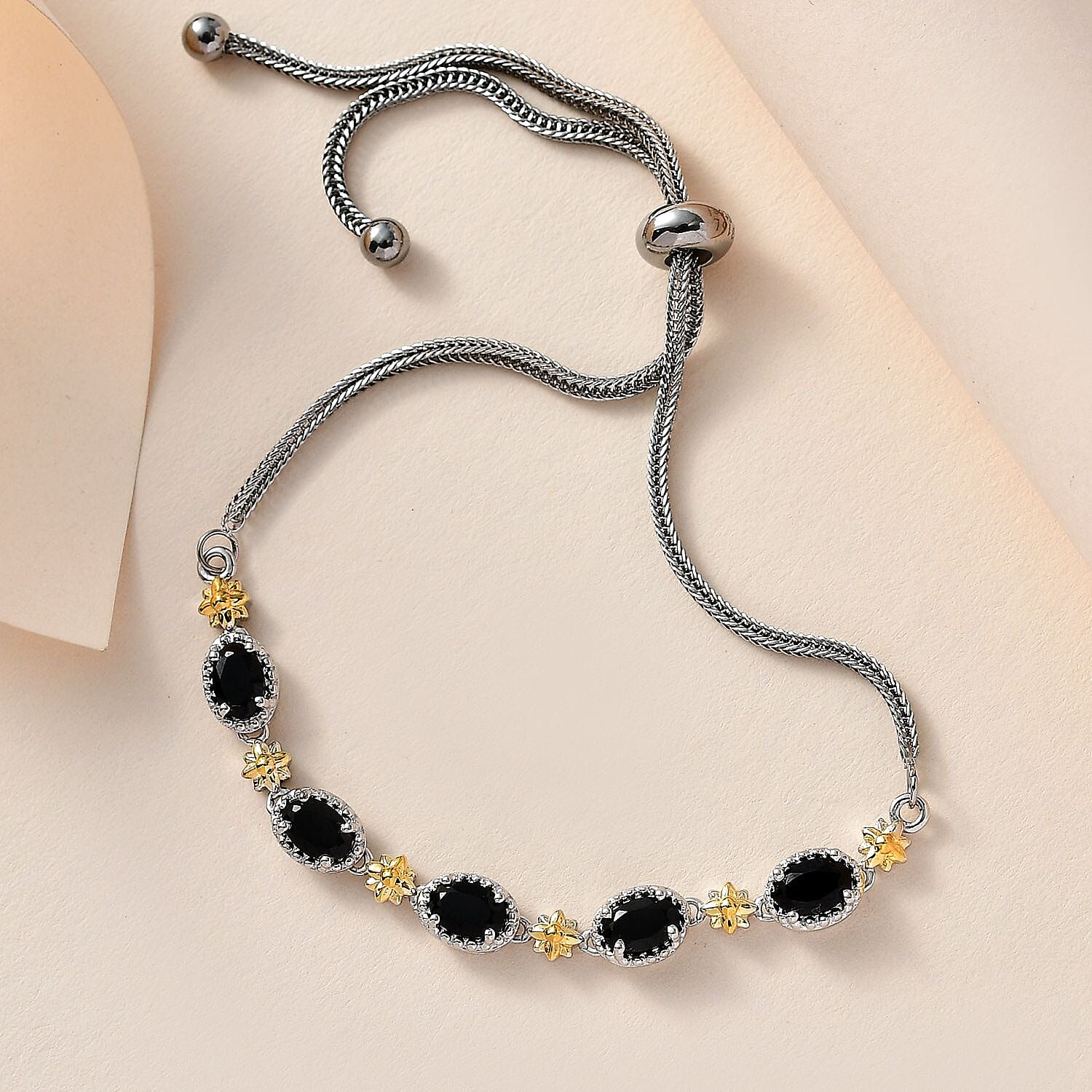Thai Black Spinel Bolo Bracelet in 18K YG Plated, Platinum Bond and Stainless Steel 3.10 ctw