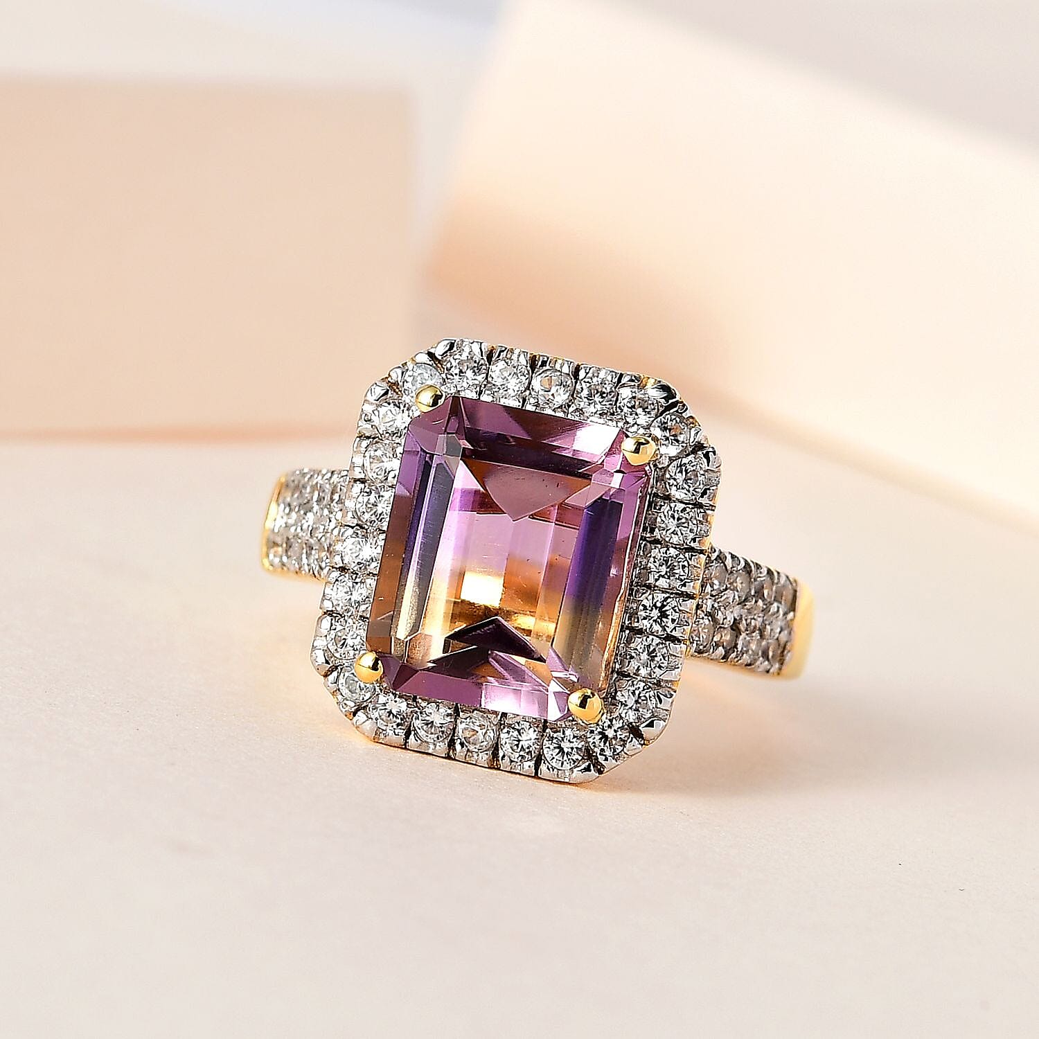 Ametrine and White Zircon 5.34 ctw Ring in 18K Vermeil Yellow Gold Over Sterling Silver (Size 9.0)
