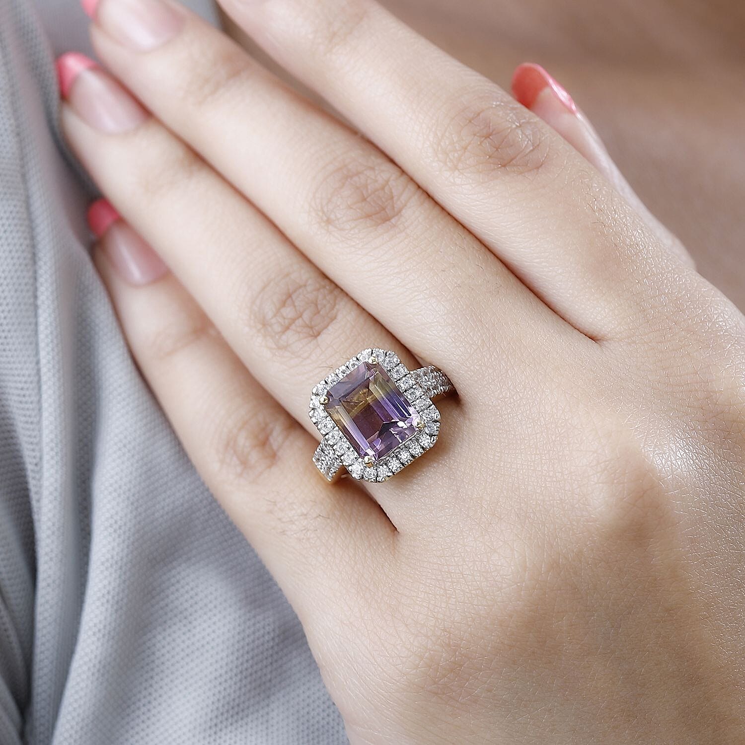 Ametrine and White Zircon 5.34 ctw Ring in 18K Vermeil Yellow Gold Over Sterling Silver (Size 9.0)