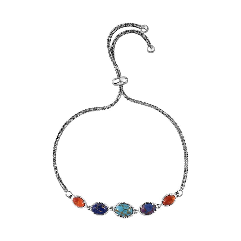Multi Color Turquois Bracelet Bolo Bracelet in Sterling Silver and Stainless Steel (10.50 In) 3.75 ctw