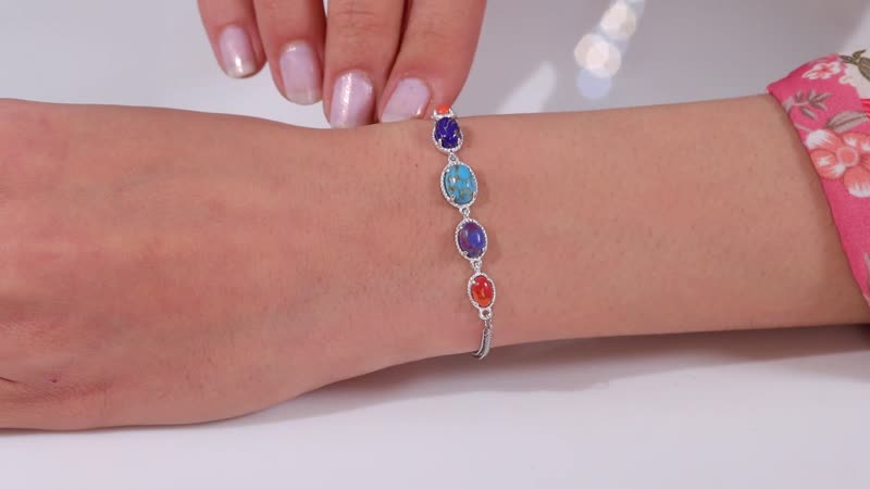 Multi Color Turquois Bracelet Bolo Bracelet in Sterling Silver and Stainless Steel (10.50 In) 3.75 ctw
