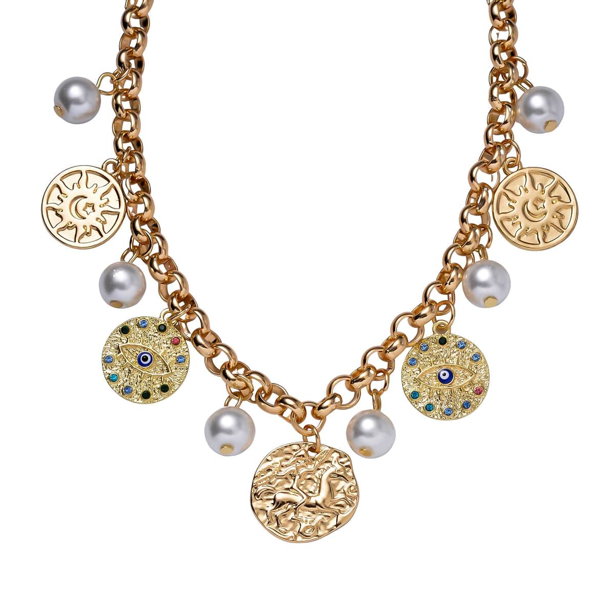 White Shell Pearl Coin and Evil Eye Charm Necklace 20-22 Inches in Goldtone image number 0