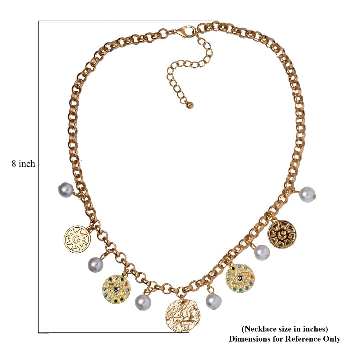 White Shell Pearl Coin and Evil Eye Charm Necklace 20-22 Inches in Goldtone image number 4