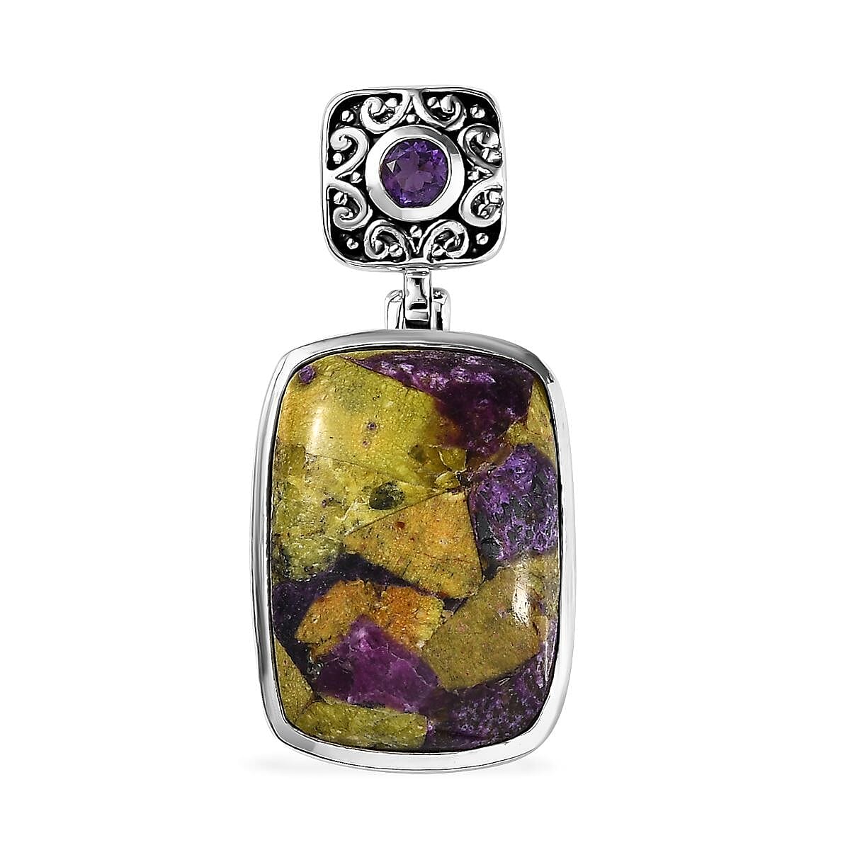 Artisan Crafted Tasmanian Stichtite and Amethyst Pendant in Black Oxidized Sterling Silver 9.90 ctw