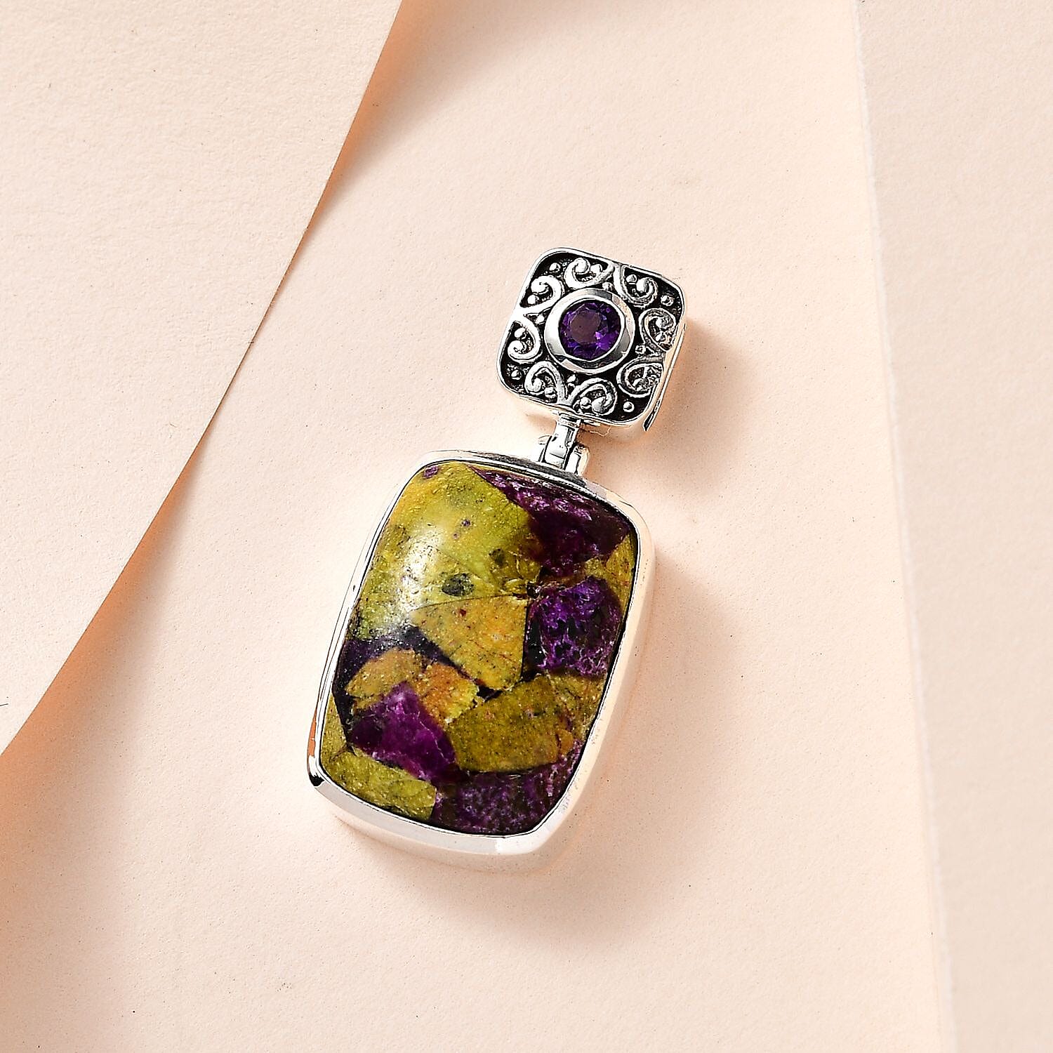 Artisan Crafted Tasmanian Stichtite and Amethyst Pendant in Black Oxidized Sterling Silver 9.90 ctw