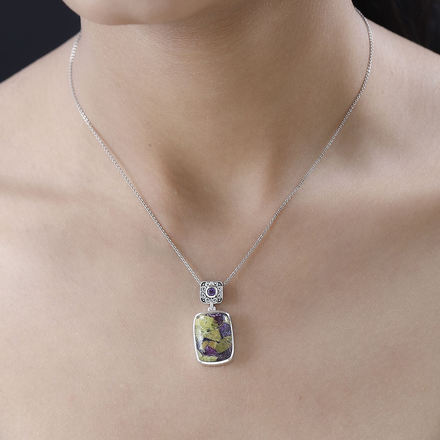 Artisan Crafted Tasmanian Stichtite and Amethyst Pendant in Black Oxidized Sterling Silver 9.90 ctw