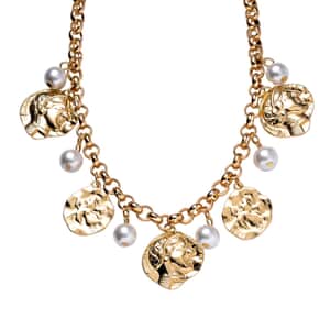 White Shell Pearl and Multi Color Austrian Crystal and Enameled Necklace 20-22 Inches in Goldtone