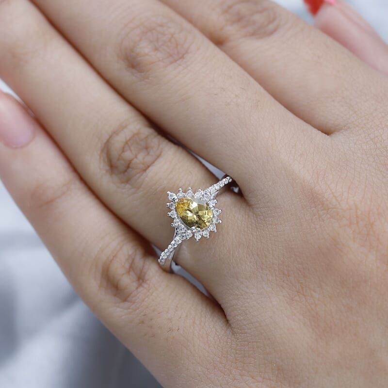 Premium Brazilian Heliodor and White Zircon Halo Ring in Platinum Over Sterling Silver (Size 10.0) 1.00 ctw