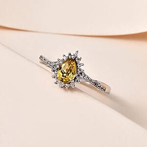 Premium Brazilian Heliodor and White Zircon Halo Ring in Platinum Over Sterling Silver (Size 8.0) 1.00 ctw