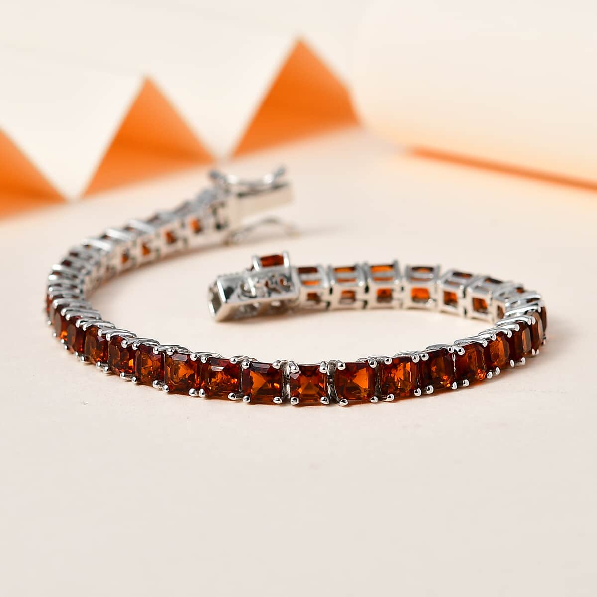 Asscher Cut Brazilian Cherry Citrine Tennis Bracelet in Platinum Over Sterling Silver (6.50 In) 11.00 ctw image number 1