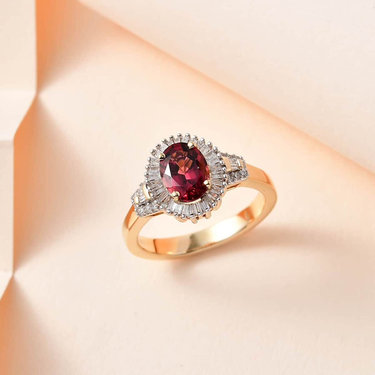 Luxoro 14K Yellow Gold AAA Ouro Fino Rubellite and G-H I2 Diamond Halo Ring (Size 6.0) 4.40 Grams 1.60 ctw image number 1