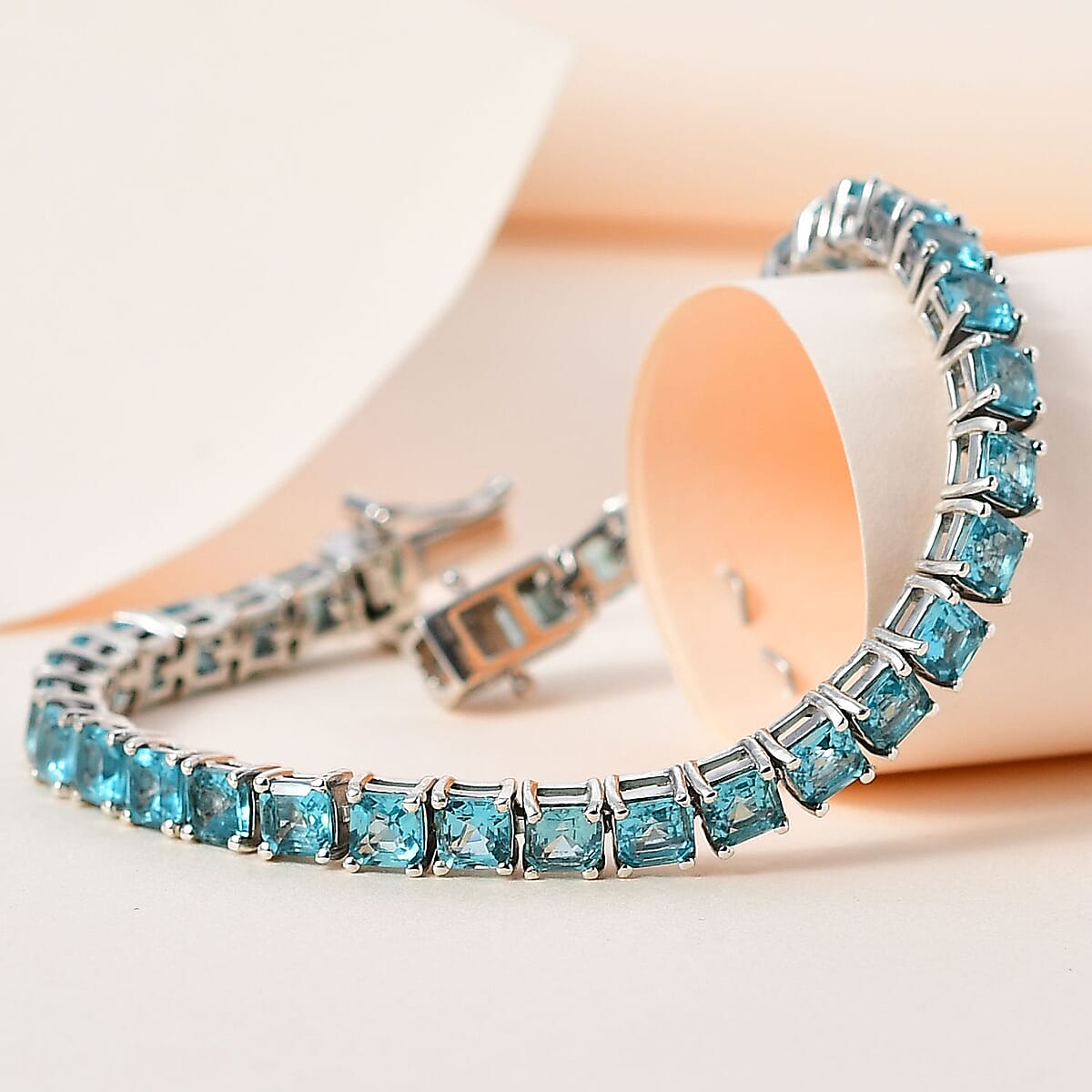 Asscher Cut Madagascar Paraiba Apatite Tennis Bracelet in Platinum Over Sterling Silver (7.25 In) 13.85 ctw image number 1