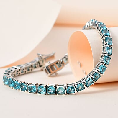 Asscher Cut Madagascar Paraiba Apatite Tennis Bracelet in Platinum Over Sterling Silver (7.25 In) 13.85 ctw