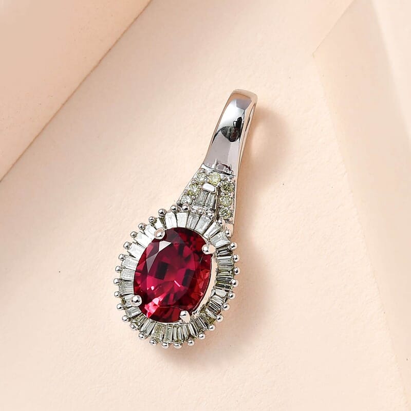 Luxoro 14K White Gold AAA Ouro Fino Rubellite and G-H I2 Diamond Halo Pendant 1.65 ctw