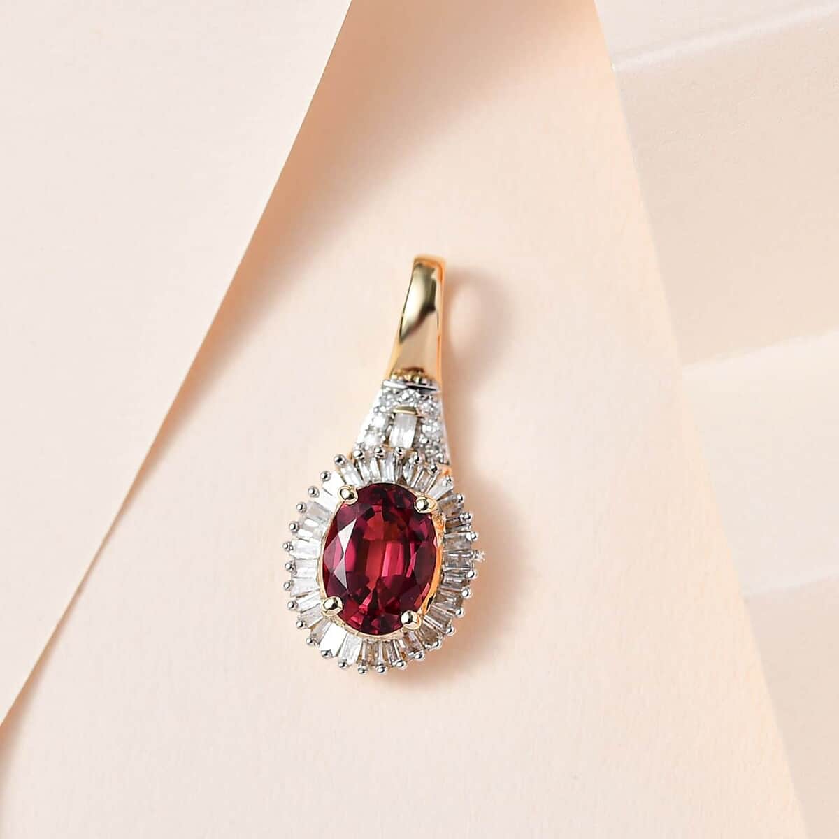 Luxoro 14K Yellow Gold AAA Ouro Fino Rubellite and G-H I2 Diamond Halo Pendant 1.65 ctw image number 1