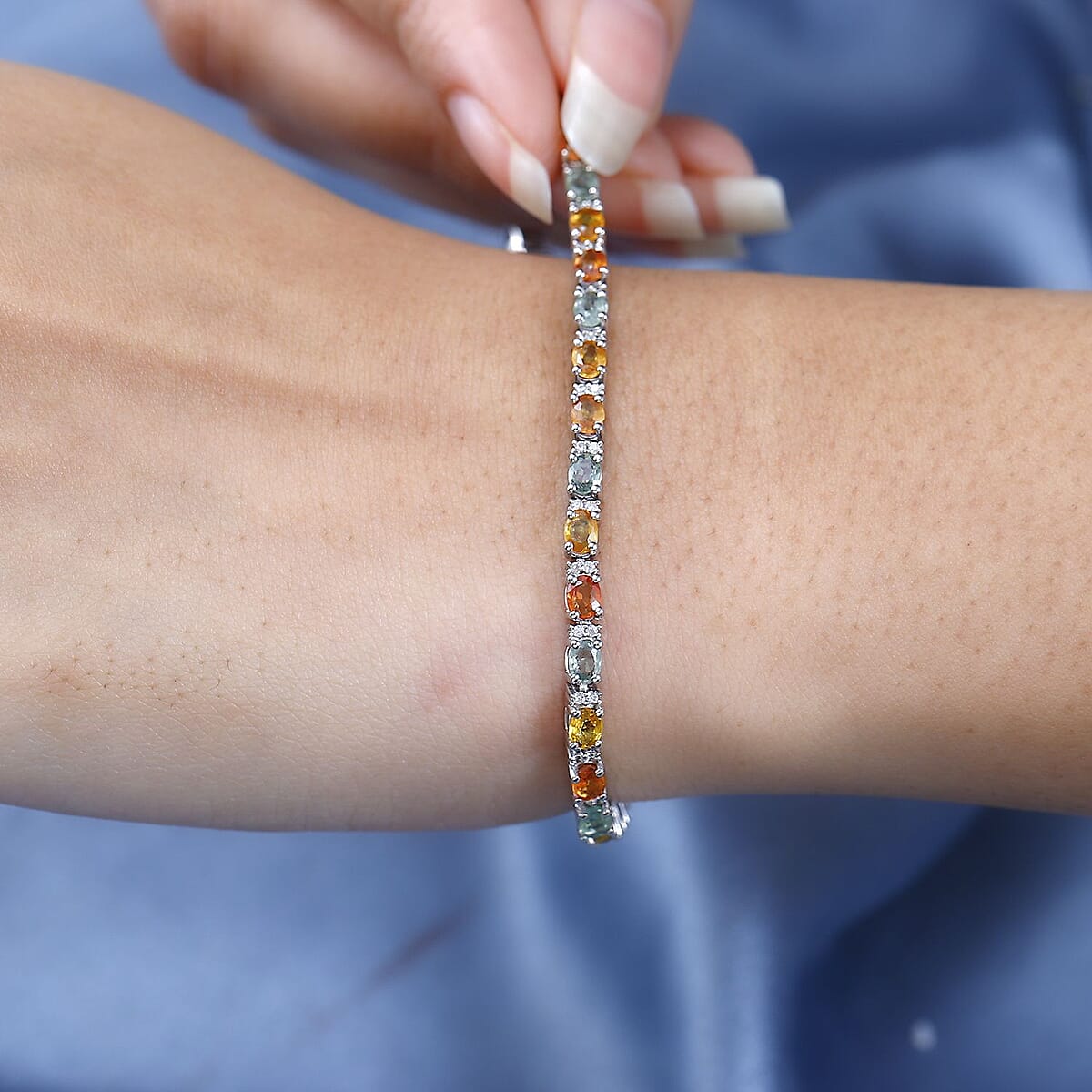 Multi Sapphire and White Zircon Tennis Bracelet in Platinum Over Sterling Silver (8.00 In) 10.40 ctw image number 2