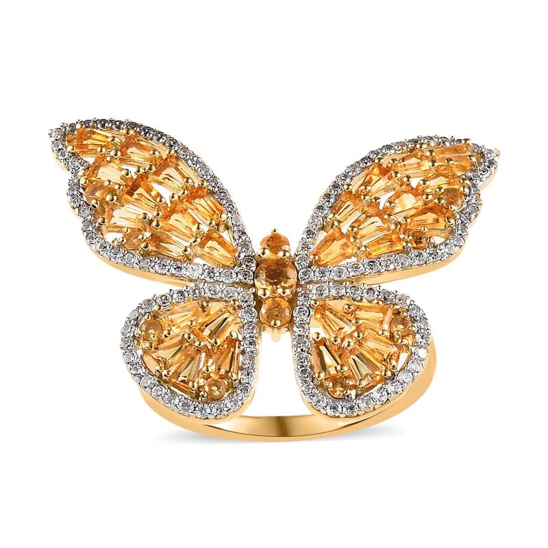 GP Trionfo Collection Premium Brazilian Citrine, White Zircon Butterfly Ring in Vermeil YG Over Sterling Silver (Size 10.0) 3.30 ctw