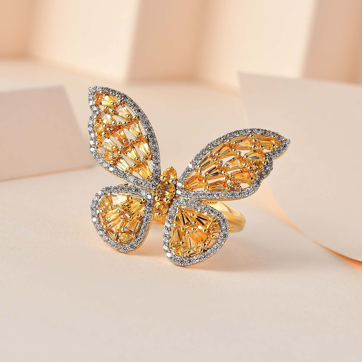 GP Trionfo Collection Premium Brazilian Citrine, White Zircon Butterfly Ring in Vermeil YG Over Sterling Silver (Size 10.0) 3.30 ctw