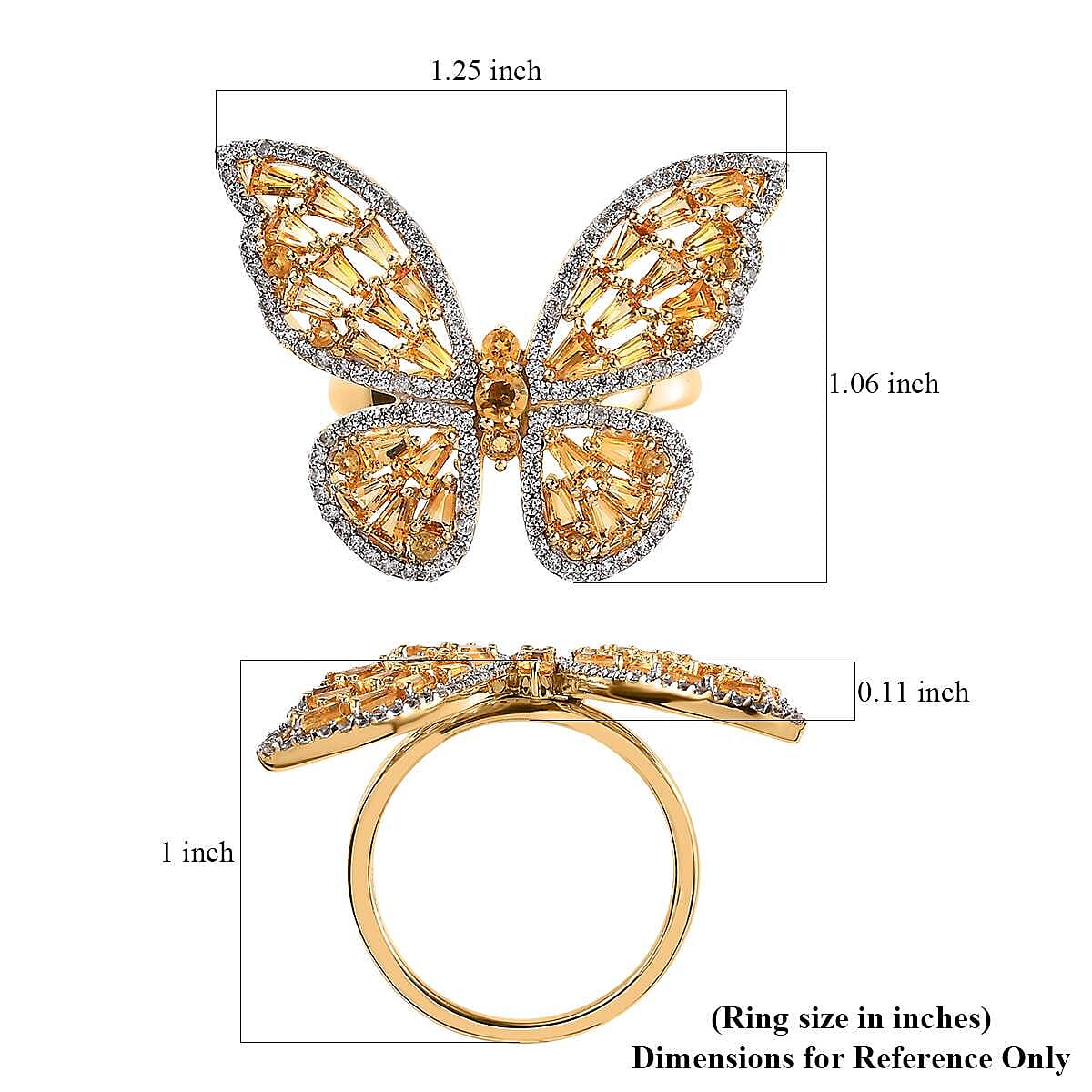 GP Trionfo Collection Premium Brazilian Citrine, White Zircon Butterfly Ring in Vermeil YG Over Sterling Silver (Size 10.0) 3.30 ctw