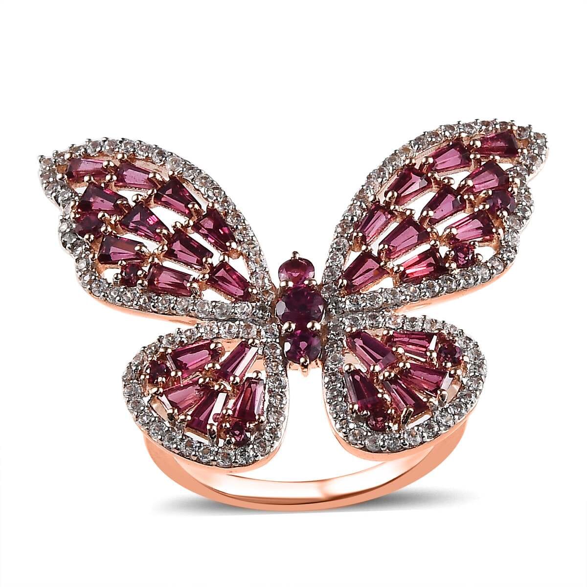 GP Trionfo Collection Premium Orissa Rhodolite Garnet and White Zircon Butterfly Ring in Vermeil Rose Gold Over Sterling Silver (Size 9.0) 4.30 ctw image number 0