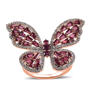GP Trionfo Collection Premium Orissa Rhodolite Garnet and White Zircon Butterfly Ring in Vermeil Rose Gold Over Sterling Silver (Size 9.0) 4.30 ctw