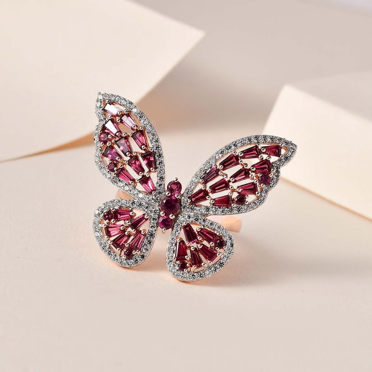 GP Trionfo Collection Premium Orissa Rhodolite Garnet and White Zircon Butterfly Ring in Vermeil Rose Gold Over Sterling Silver (Size 9.0) 4.30 ctw image number 1