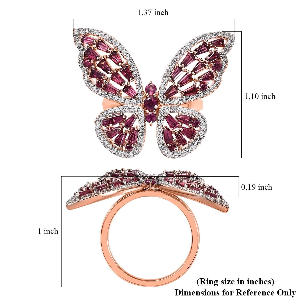 GP Trionfo Collection Premium Orissa Rhodolite Garnet and White Zircon Butterfly Ring in Vermeil Rose Gold Over Sterling Silver (Size 9.0) 4.30 ctw image number 5