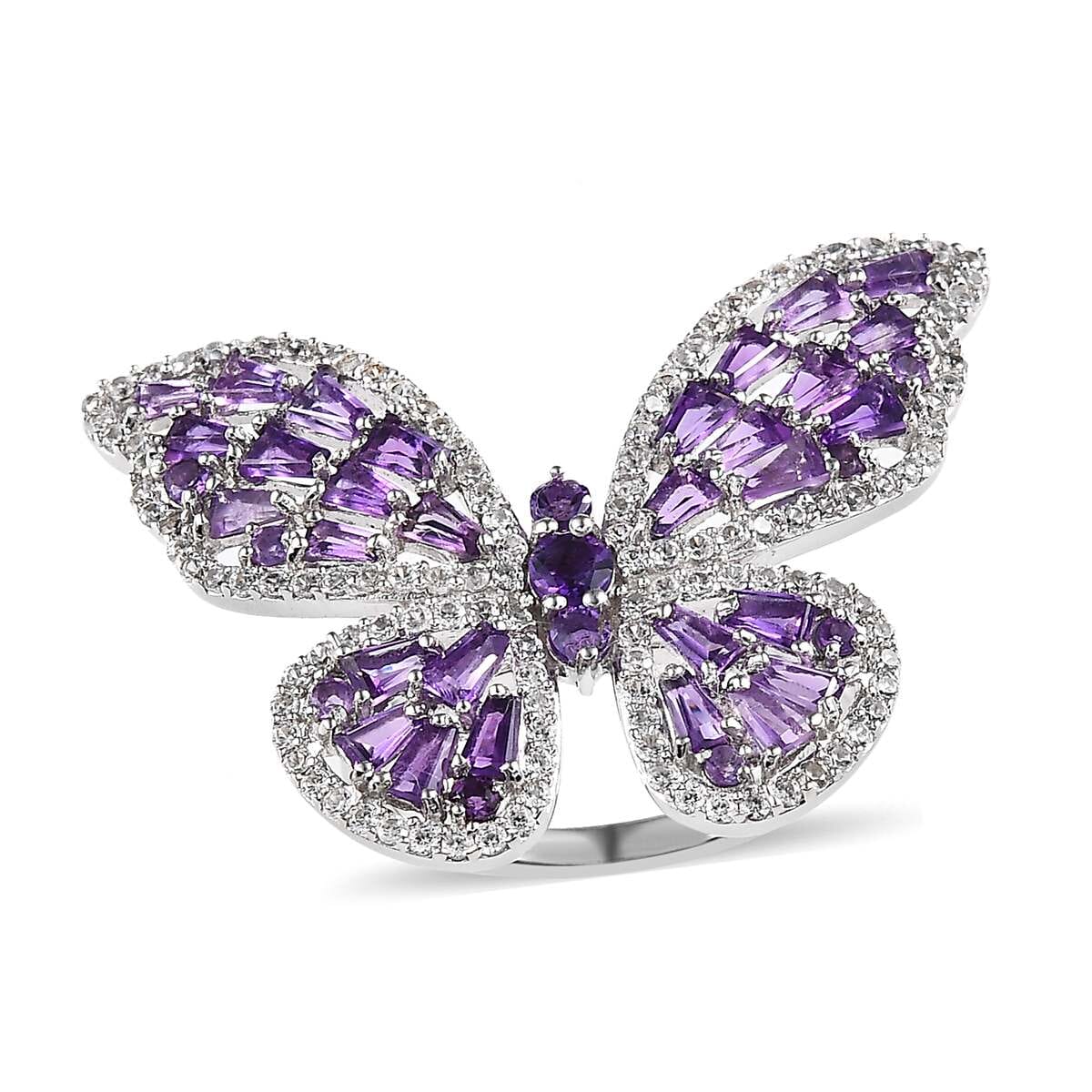 GP Trionfo Collection Premium African Amethyst and White Zircon Butterfly Ring in Platinum Over Sterling Silver (Size 9.0) 3.70 ctw image number 0