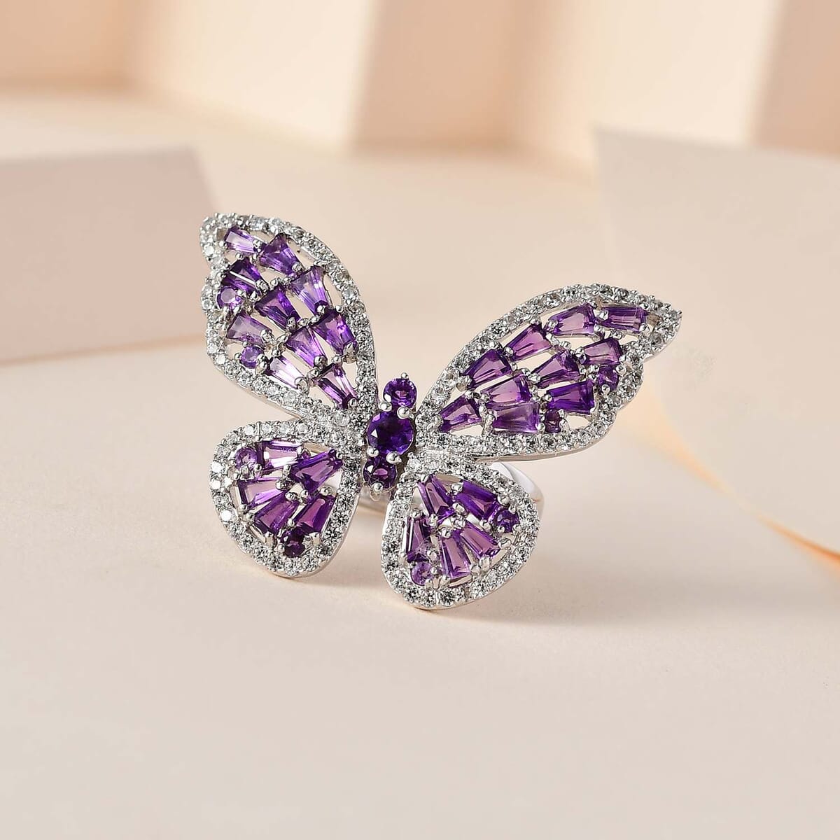 GP Trionfo Collection Premium African Amethyst and White Zircon Butterfly Ring in Platinum Over Sterling Silver (Size 9.0) 3.70 ctw image number 1