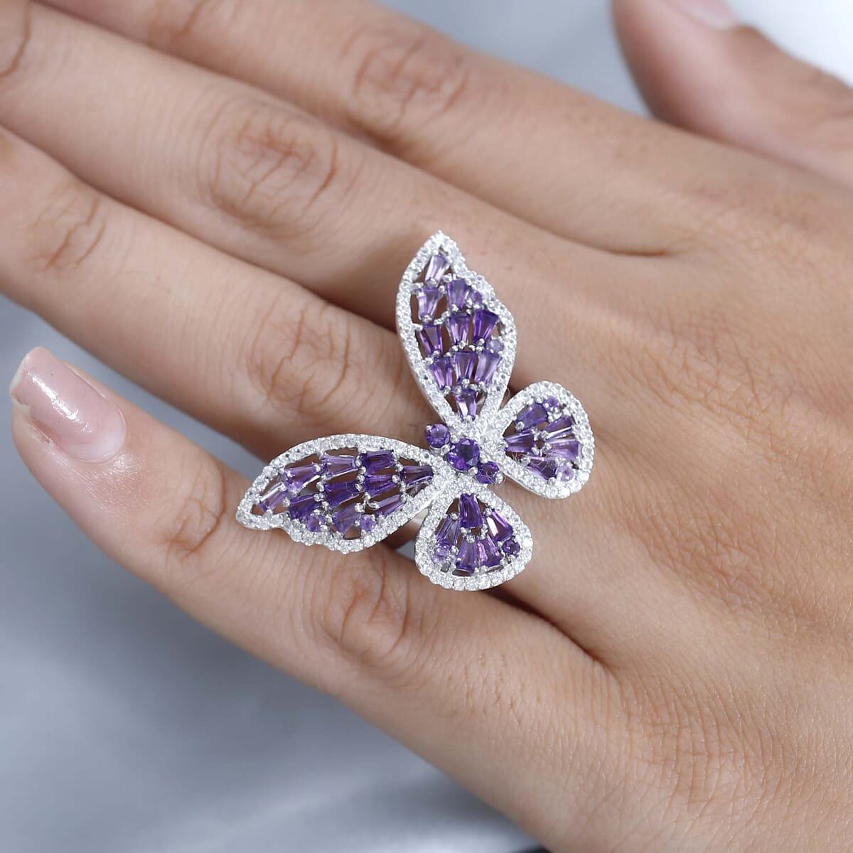 GP Trionfo Collection Premium African Amethyst and White Zircon Butterfly Ring in Platinum Over Sterling Silver (Size 9.0) 3.70 ctw image number 2