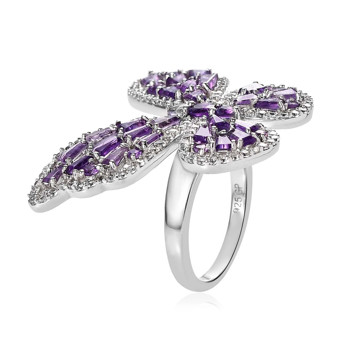 GP Trionfo Collection Premium African Amethyst and White Zircon Butterfly Ring in Platinum Over Sterling Silver (Size 9.0) 3.70 ctw image number 3