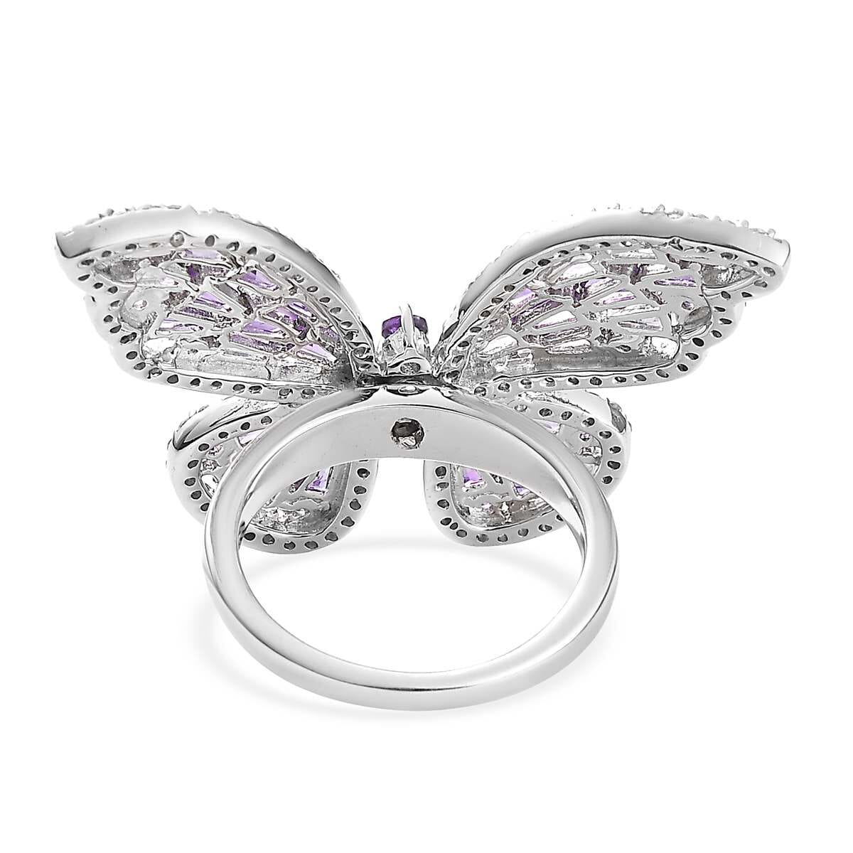 GP Trionfo Collection Premium African Amethyst and White Zircon Butterfly Ring in Platinum Over Sterling Silver (Size 9.0) 3.70 ctw image number 4
