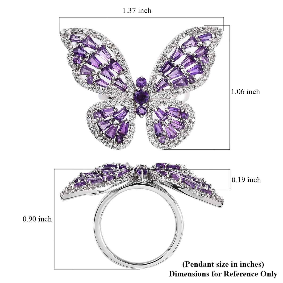 GP Trionfo Collection Premium African Amethyst and White Zircon Butterfly Ring in Platinum Over Sterling Silver (Size 9.0) 3.70 ctw image number 5