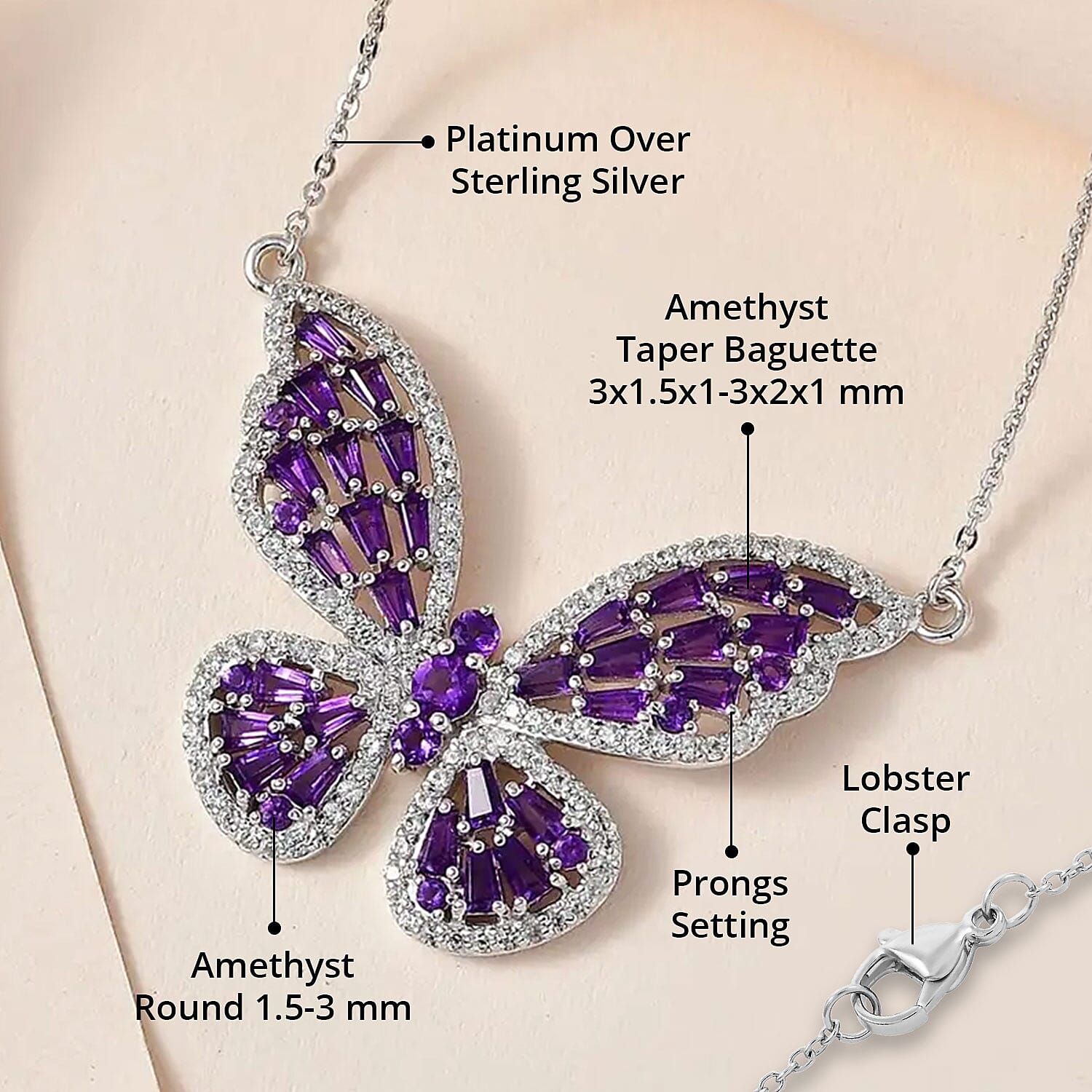 GP Trionfo Collection Premium African Amethyst and White Zircon Butterfly Necklace 18 Inches in Platinum Over Sterling Silver 3.35 ctw