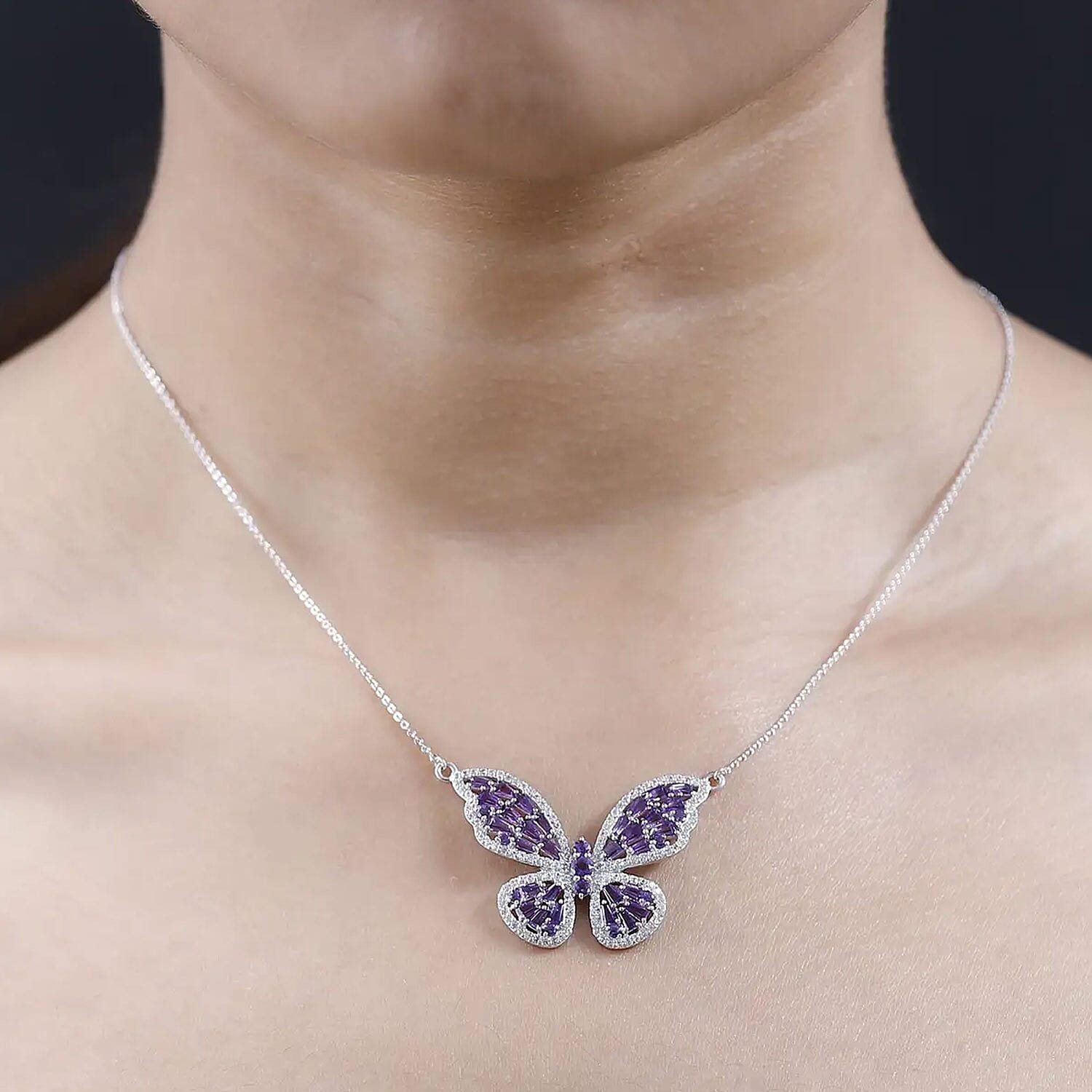 GP Trionfo Collection Premium African Amethyst and White Zircon Butterfly Necklace 18 Inches in Platinum Over Sterling Silver 3.35 ctw